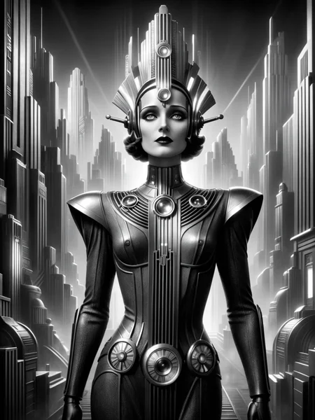 android, futuristic, stylized, art deco, expressionist, 1920s, black and white <lora:Metropolis_Movie_Style_SDXL:0.8> mad-ropolis-movie, (masterpiece:1.2), best quality, (hyperdetailed, highest detailed:1.2), high resolution textures