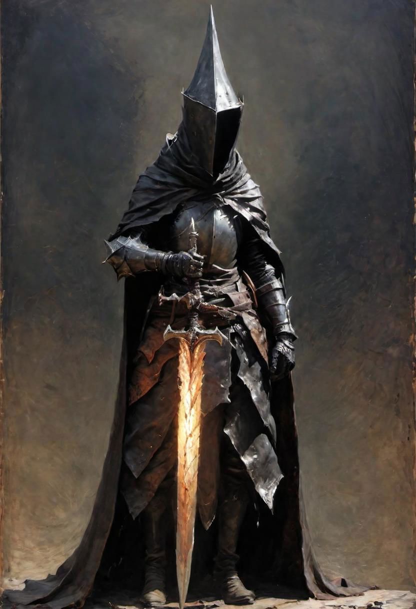 videogame art of profane (((Abyss Watchers)))
wearing (ragged, brigand, holding a giant metal flame shaped sword,  leather tunic, metal plates and cloth, pointy shaped helmet, sewn together), gothic, legion,  by Jean-Baptiste Monge and Nicola Samori, Nazgul from lord of the rings, coif leather, holding a parchment script scroll