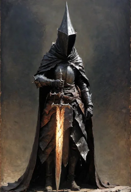 videogame art of profane (((Abyss Watchers)))
wearing (ragged, brigand, holding a giant metal flame shaped sword, leather tunic, metal plates and cloth, pointy shaped helmet, sewn together), gothic, legion, by Jean-Baptiste Monge and Nicola Samori, Nazgul from lord of the rings, coif leather, holding a parchment script scroll