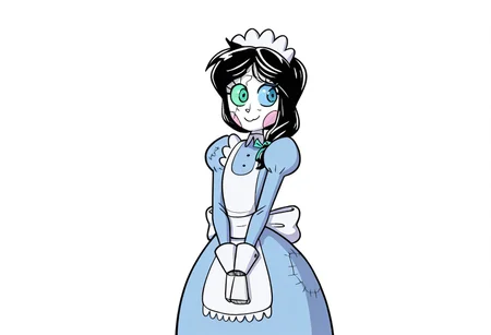 LLTND, 1girl, solo, luluthenandroid, heterochromia, crackscar, black hair, maid uniform, maid headdress, puffy sleeves, Juliet sleeves, blue eye, green eye, nancheeks, robot, nandroid, robot joints, android, wide hips, nervous smile,