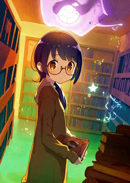 flat color
1girl explores a dimly lit attic filled with old books, casting eerie shadows on the walls. close up
magic library
colorful
gradient
glowing particles
warm lights,