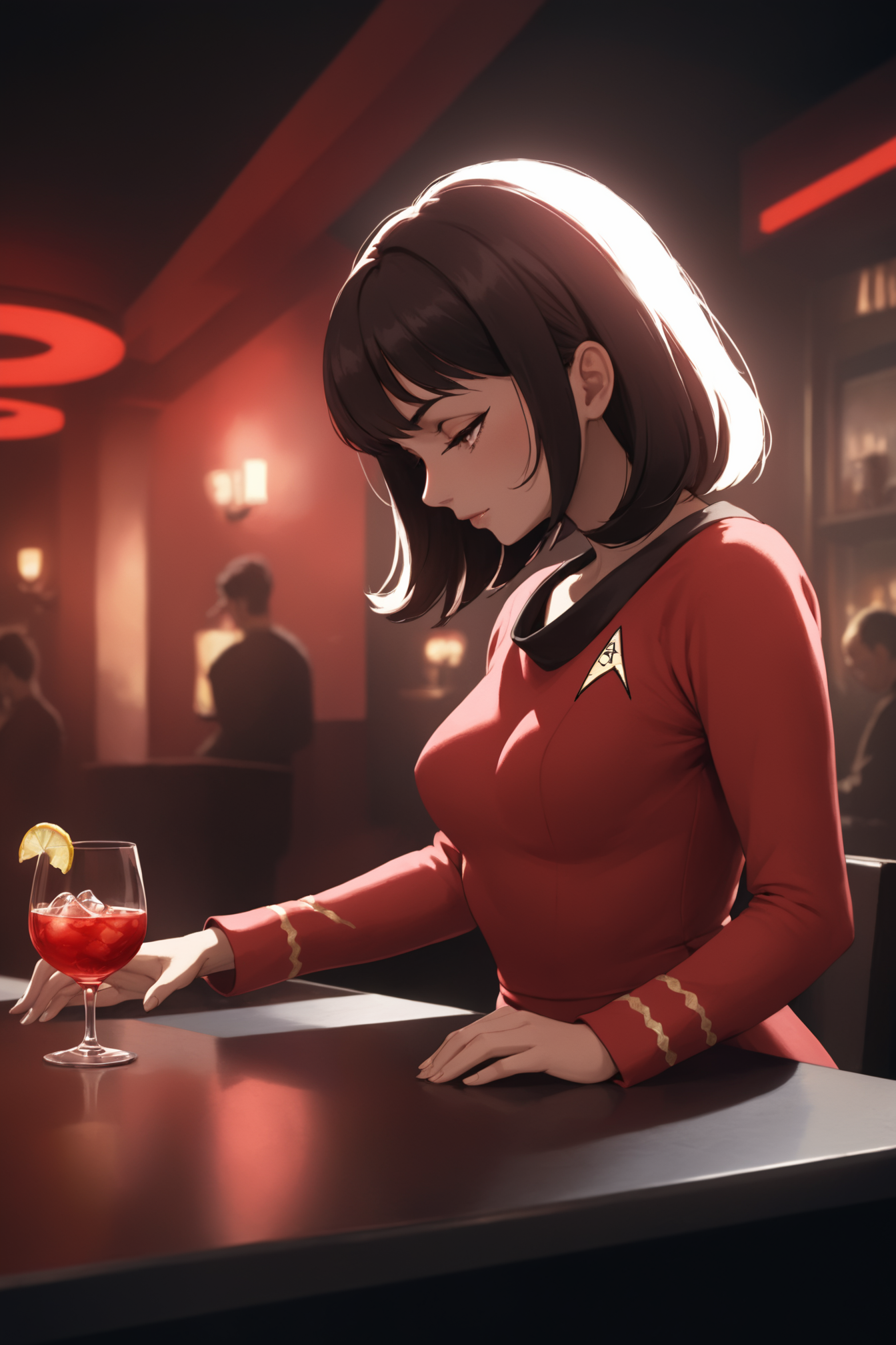 woman in a red startrektos dress serving drinks,long sleeves,
masterpiece, best quality, soft light, bokeh, real shadow, cinematic, subsurface scuttering <lora:TOSXL-000040:0.8>