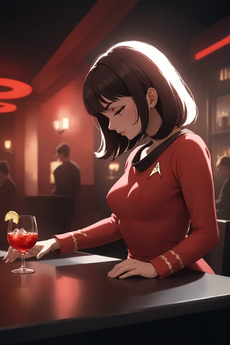 woman in a red startrektos dress serving drinks,long sleeves,
masterpiece, best quality, soft light, bokeh, real shadow, cinematic, subsurface scuttering <lora:TOSXL-000040:0.8>