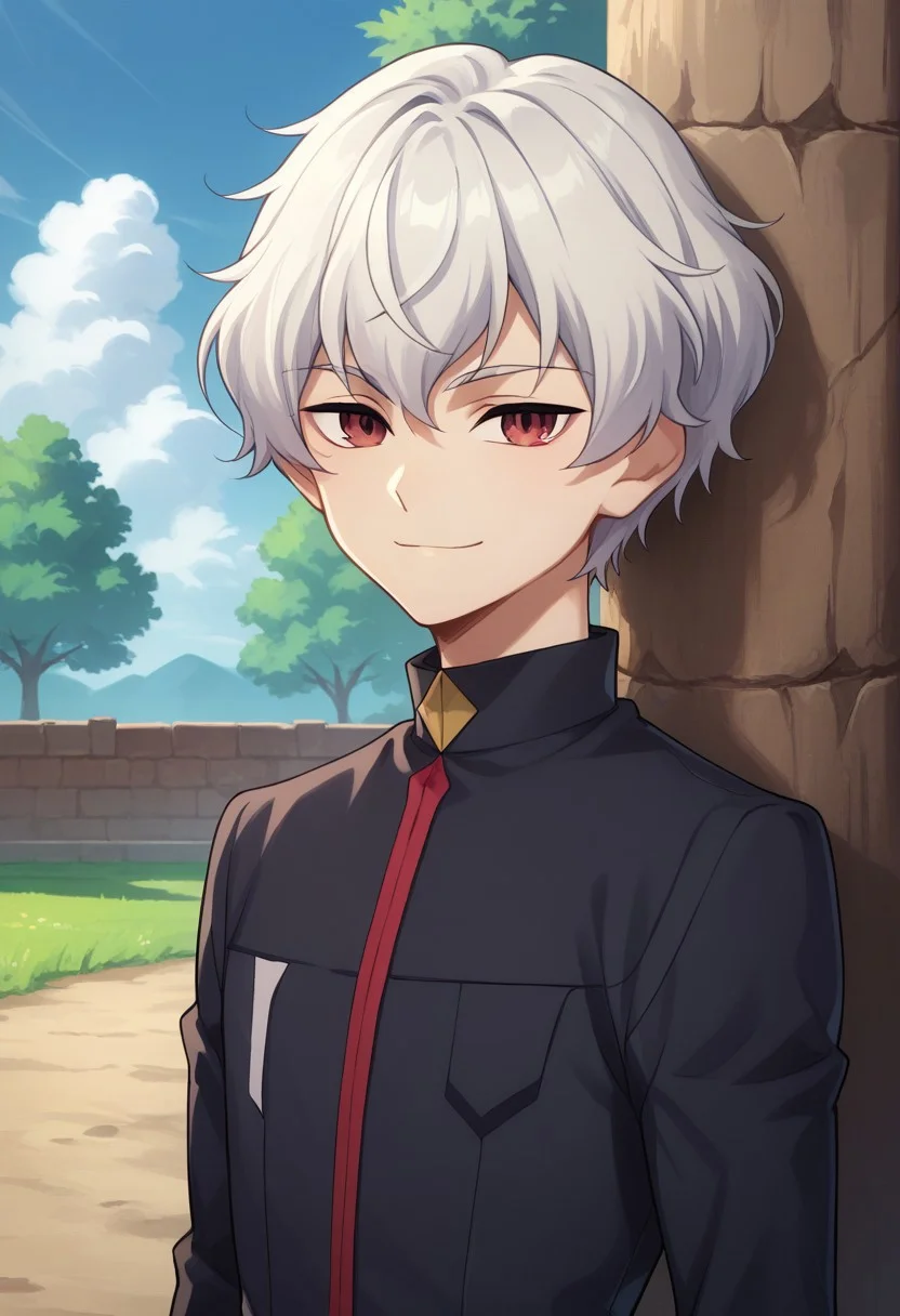 score_9, score_8_up, score_7_up, source_anime, highly detailed,
lusia, 1boy, male focus, solo, school uniform, white hair, smile, red eyes, looking at viewer, short hair, black jacket, long sleeves, upper body,
outdoor, sky, clouds, tree