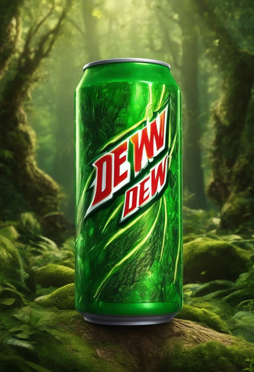 High quality, detailed, realistic can of Mountain Dew, enchanted forest background, detailed background, object focus, cinematic lighting, jade