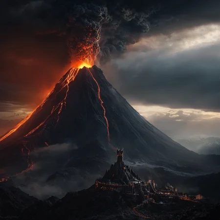 cinematic film still of <lora:The Lord of the Rings style v2:1>
Mordor In a Fantasy Middle-earth world in the dark ages Location a volcano erupts out of the clouds,outdoors,sky,cloud,no humans,fire,scenery,rock,mountain,red theme,molten rock , dramatic light, dramatic shadow light, film contrast, cinematic film color, cinematic film look, filmic, realistic, realism, perfection, perfect, movie still, fantasy drama, epic drama, fictional, Age of Wonders, Age of Empires, warriors, Medieval style, middle ages, dungeons and dragons style, different people, different, unique, kingdoms and castles, violent, aggressive, detailed, perfection, detailed face, detailed body, detailed hands, detailed eyes, sharp, horror themed, dark themed, epic fantasy adventure film style, Legendary, mythical, The Lord of the Rings style, shallow depth of field, vignette, highly detailed, high budget, bokeh, cinemascope, moody, epic, gorgeous, film grain, grainy