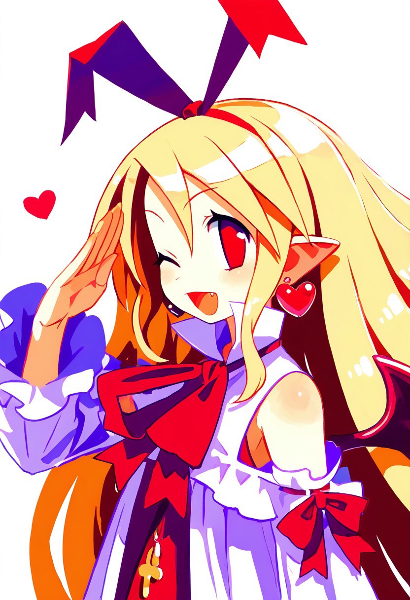 (masterpiece,best quality,ultra_detailed,highres,absurdres:1.2),  1girl, solo, eyelashes, (beautiful eyes),    upper body, Fallen Angel Flonne, 1girl, solo, long hair, looking at viewer, smile, open mouth, blonde hair, red eyes, white background, bow, ribbon, jewelry, heart, hairband, earrings, detached sleeves, one eye closed, pointy ears, fang, salute, heart earrings, white dress, upper body,   from above, dynamic pose, cowboy shot, smile, looking at viewer, shiny skin,  ,