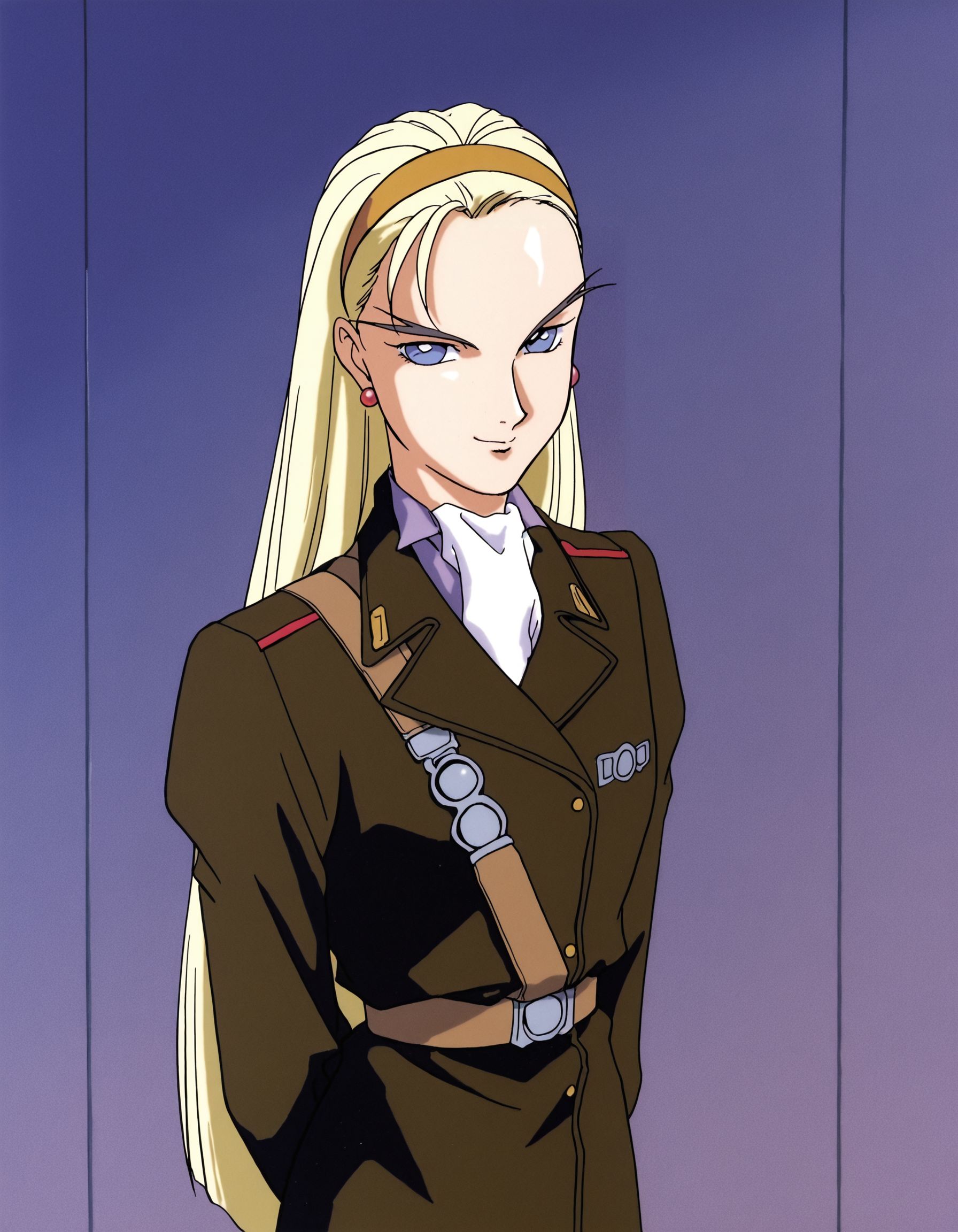 <lora:DorothyCataloniaIllustrious1.0JLFO:1> dorothycatalonia, 1girl, blonde hair, retro artstyle, 1990s, long hair, solo, hairband, earrings, jewelry, blue eyes, military, smile,, looking at viewer,  cowboy shot,