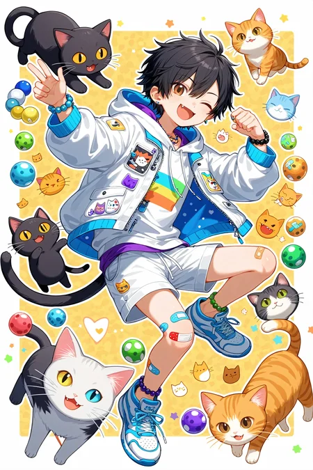 1boy, solo, :d, bandaid, bandaid on knee, bandaid on leg, bead bracelet, beads, black hair, bracelet, brown eyes, cat, fang, fang, hood, hoodie, jacket, jewelry, one eye closed, open mouth, shoes, short hair, shorts, smile, sneakers, white jacket, white shorts