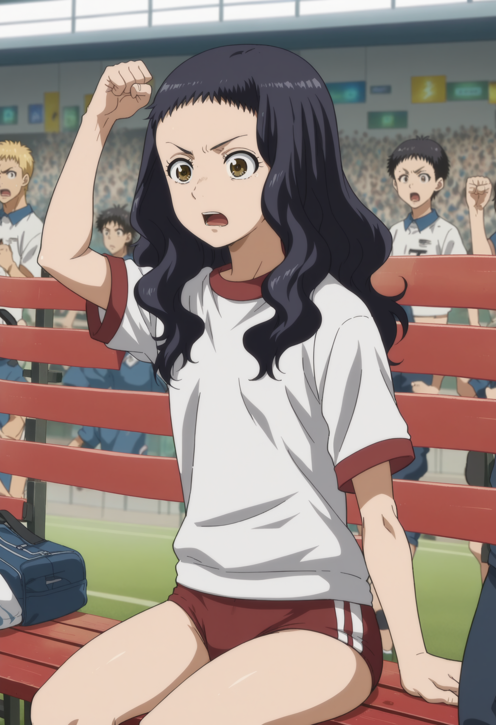 score_9, score_8_up, score_7_up, source_anime, very aesthetic, anime screencap, anime coloring, 1girl,anrikai, black hair, brown eyes,gym uniform, buruma, white shirt, t-shirt, sitting on bench, open mouth, arm up, fist, depth of field, extremely detailed , detailed background, clutter, stadium,  <lora:anrikai:1> <lora:zy_Detailed_Backgrounds_v1:1>