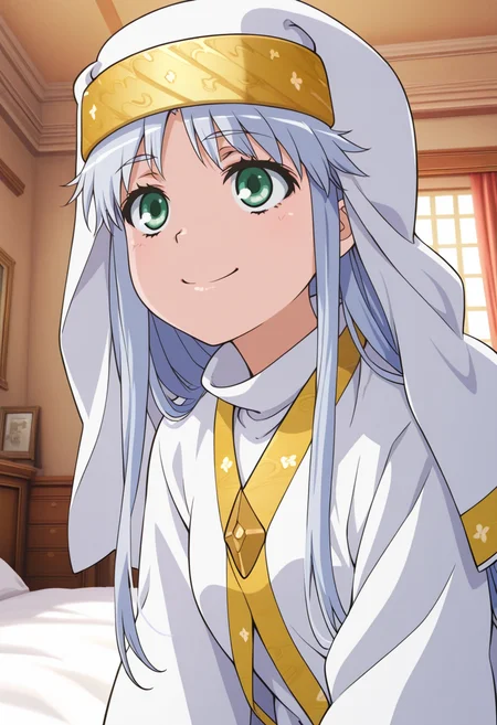 newest, masterpiece, best quality, 4k,
indoors,bedroom, very aesthetic, detailed background, face focus,
1girl, solo, <lora:Index:1> 1ndex, index (toaru majutsu no index), grey hair, long hair, green eyes, nun, habit, safety pin, robe, smile,
