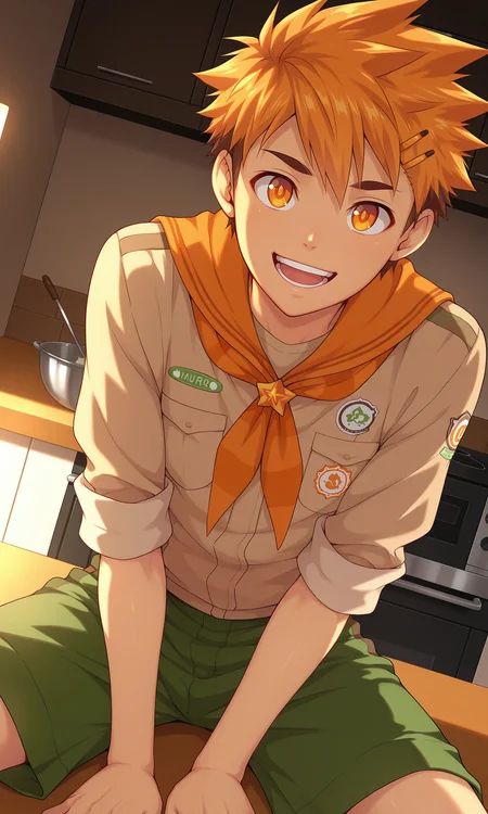 1boy, Hiro, male focus, slim, orange hair, ember eyes, solo, male focus, open mouth, smile, teeth, looking at viewer, rolled sleeves, brown shirt, dark-green shorts, orange neckerchief, sitting, on table, kitchen, indoors, (masterpiece:1.35), (very aesthetic, best quality:1.3), detailed shading, detailed skin, realistic shading, highly detailed, intricate details, masterful composition, cinematic lighting, close-up, <lora:Hiro_XL_V10_ILL:1.2>