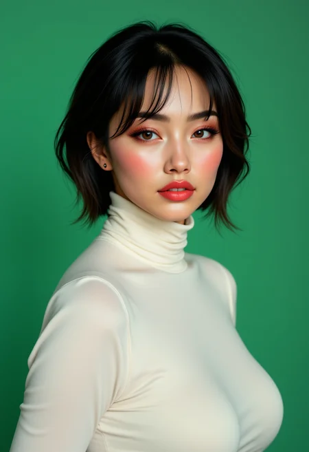 Headshots,masterpiece, a beautiful woman,Hyperrealistic, she is smiling, dynamic angles, multiple angles, photoshoot poses; A photo of Asian Girl 4, a woman with short hair, and brown eyes, she has massive breasts, a beautiful girl,she is wearing a white turtleneck sweater.she has massive breasts, she has piercing eyes. a dynamic pose and a sense of action. simple green background, and the lighting is soft, creating a dramatic effect, creating a focused and dynamic pose.; the scene is set in a beautiful well-lit environment, with a sense of action and adventure. Style: realistic hyper-detailed rendering, 32k UHD, expressive eyes, punk, graphic design, girl's face, pretty and cute, gleaming lips, telling a tale of adventure. Exuding confidence and serenity. The overall mood of the image is happy and relaxed, detailed skin texture,(blush:0.2),(goosebumps:0.3), subsurface scattering,with a playful and whimsical tone,aidmafluxpro1.1, perfection style,,retro50s_style,