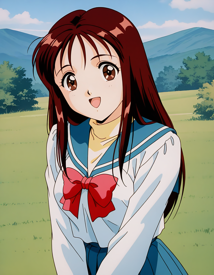 general,highres, ultra-detailed,very aesthetic,best quality ,best hands,  BREAK <lora:Arisa_Seijuden_IS:1> Arisa, 1girl, solo, long hair, bangs, brown hair, red hair, brown eyes, breasts, 1990s \(style\),anime coloring,
solo, school uniform, serafuku, sailor collar, long sleeves, skirt, open mouth, smile, blue sailor collar, bow, :d, blue skirt, (,,>á<,,)
winter uniform, red bow, pleated skirt, simple background, shirt, white shirt, bowtie, upper body, looking at viewer, turtleneck, v arms,
day,  sky, grass,
