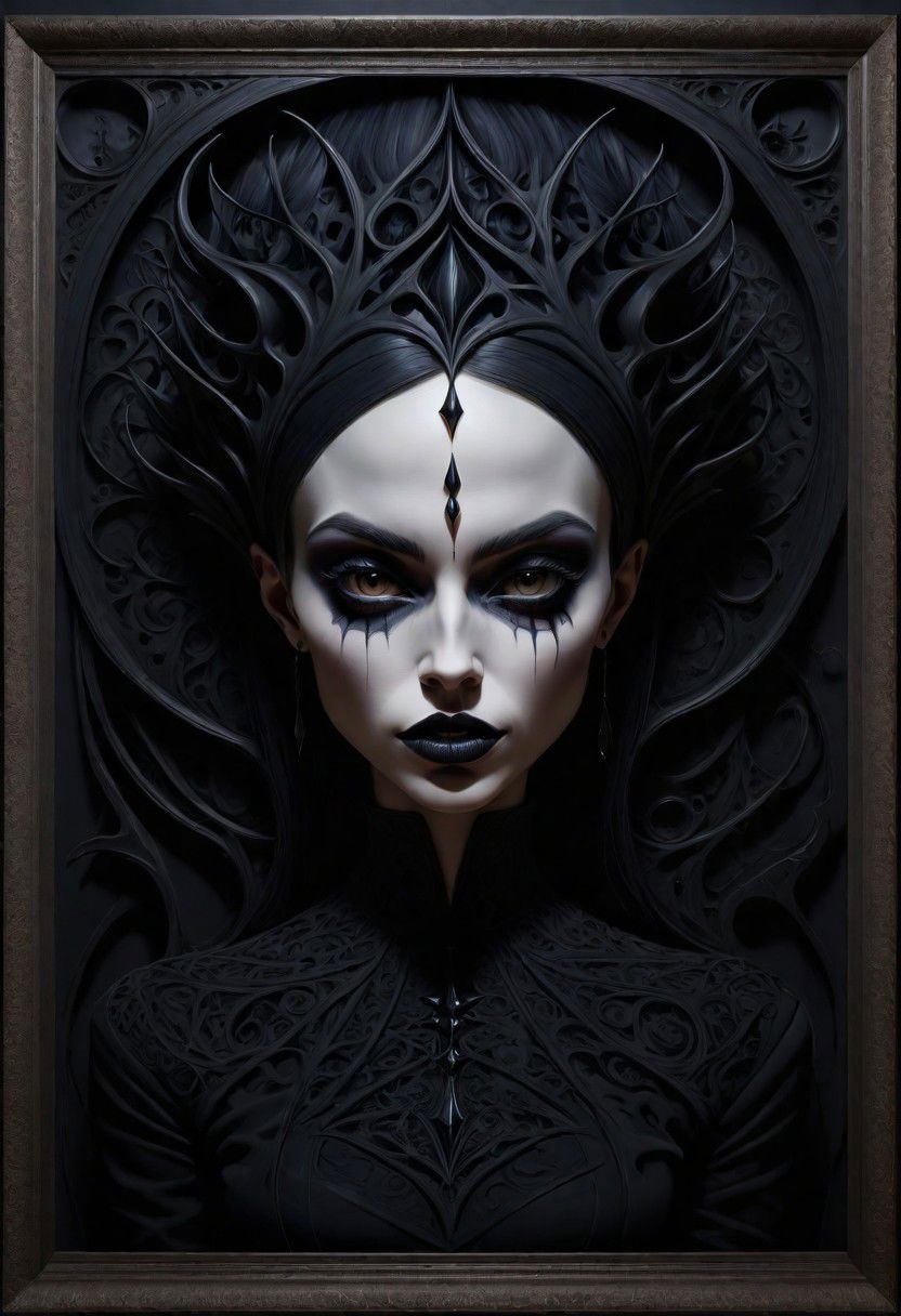 daring, dark mode, gothic, Stylistically diverse painting, create a new and unique visual experience, complex expressions! abstract details,distinctive visuals, Intricate, (3D Framed, Woman)