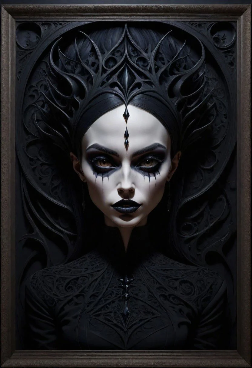 daring, dark mode, gothic, Stylistically diverse painting, create a new and unique visual experience, complex expressions! abstract details,distinctive visuals, Intricate, (3D Framed, Woman)
