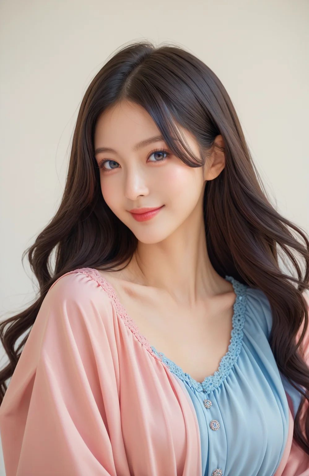 ,score_9,score_8_up,score_7_up, 20 years old, 8k, hd, beautiful girl, black hair, long hair, 1girl, detailed face, beautiful woman's face, white background, looking at viewer, portrait, blue satin blouse, (oversized loose blouse), smile,