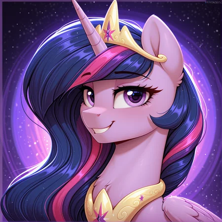 [dimwitdog|selenophile|dripponi|swaybat|shinodage],
masterpiece, best quality, newest, absurd res, hi res, (feral:1.5), equid, equine, my little pony, friendship is magic, (solo:1.5),
princess twilight 2, solo, horn, wings, purple eyes, dark purple hair, long hair, smiling, portrait, smiling, looking at viewer, 
 <lora:Twilight_Sparkle_2.0_r1:1>