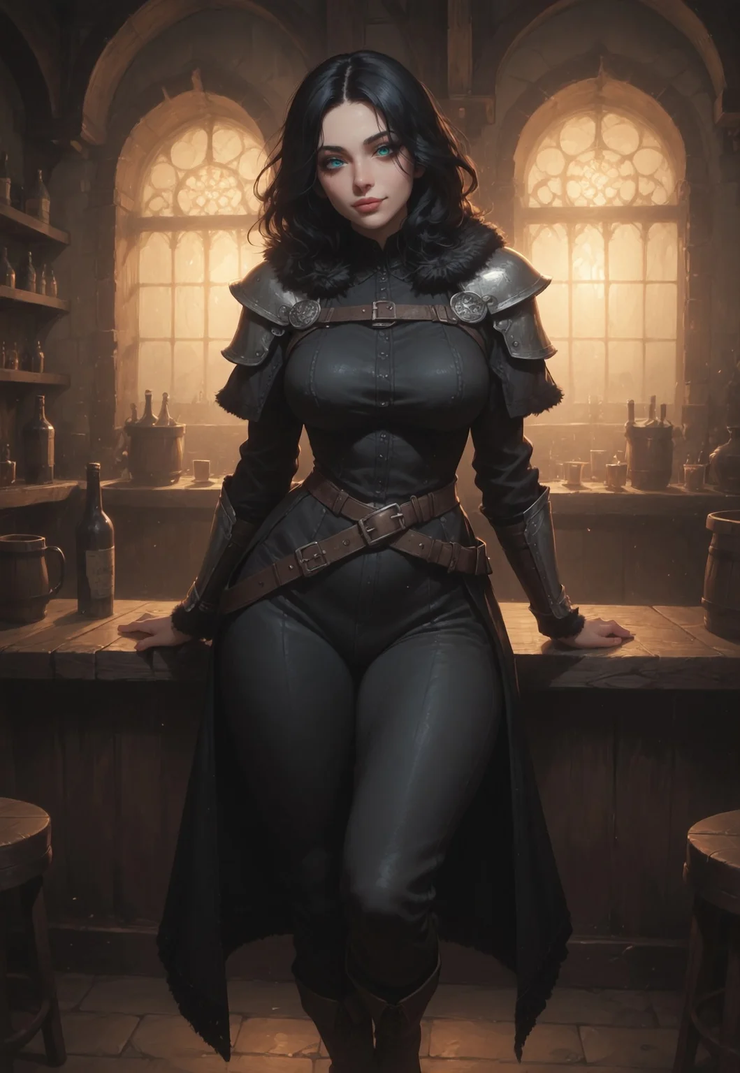 ((zPDXL3)), score_9, score_8_up, score_8, ultra detailed, high resolution, high quality, masterpiece, intricate details, intricate body, intricate landscape, knva, Expressiveh, Tavern, midnight, 1girl, source_cartoon, black hair, medium hair, Curtain Hair, hair intakes, parted bangs, narrow eyes, Half Closed Eyes, teal eyes, simple leather chestplate, fur trim, fur cloak, shoulder armor, pants, fur boots, belt, large breasts, wide hips, bubble butt, sword, fantasy, medieval, (extremely detailed face and eyes), looking at viewer, seductive smile, soft lighting, warm lighting, unique angle, unique perspective, dramatic angle, full body, from above,