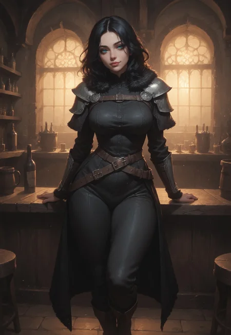 ((zPDXL3)), score_9, score_8_up, score_8, ultra detailed, high resolution, high quality, masterpiece, intricate details, intricate body, intricate landscape, knva, Expressiveh, Tavern, midnight, 1girl, source_cartoon, black hair, medium hair, Curtain Hair, hair intakes, parted bangs, narrow eyes, Half Closed Eyes, teal eyes, simple leather chestplate, fur trim, fur cloak, shoulder armor, pants, fur boots, belt, large breasts, wide hips, bubble butt, sword, fantasy, medieval, (extremely detailed face and eyes), looking at viewer, seductive smile, soft lighting, warm lighting, unique angle, unique perspective, dramatic angle, full body, from above,