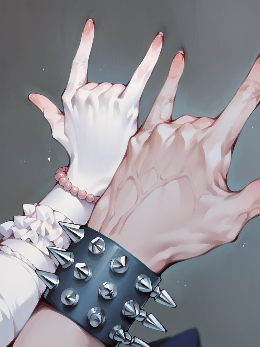 score_9, score_8_up, score_7_up, score_6_up, score_5_up,  <lora:r0ck0n:1> \m/, r0ck0n pose, spiked bracelet, hand, no humans, double \m/, couple
