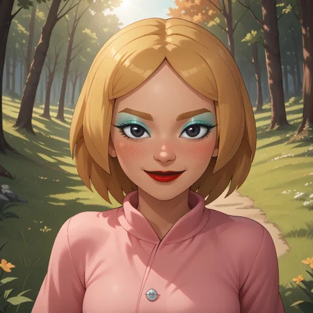 score_9, score_8, BREAK, solo, wii, mii, wii sports, 1girl, female mii, cute, attractive, blonde hair, dark blonde eyebrows, makeup, blush, blue eyeshadow, red lips, lipstick, pink clothing, white pants, shoes, breasts, nintendo mii, modern_mii, classic_mii, Maki_(OC_Mii), black eyes, sexy pose, self portrait, smile, outdoors, sunlight, shadows, evening lighting, natural lighting, forest, trees, grass, orange sky, sunset
