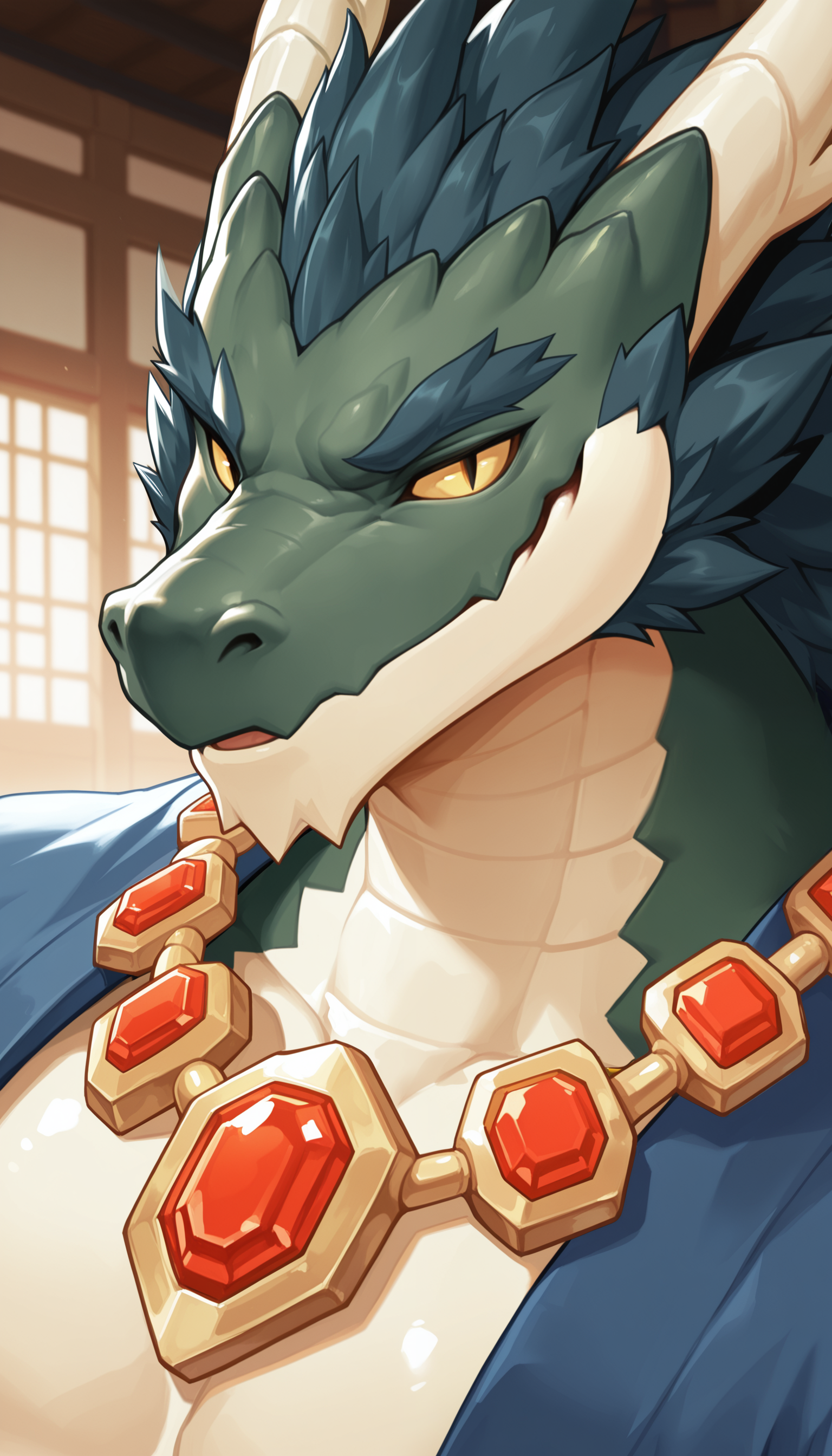 masterpiece, best quality, amazing quality,
1boy, solo,
Taneleer, furry, dragon boy, muscular male, yellow sclera, slit pupils,
blue kimono, open kimono, necklace, close up, face focus, portrait,
smiling,