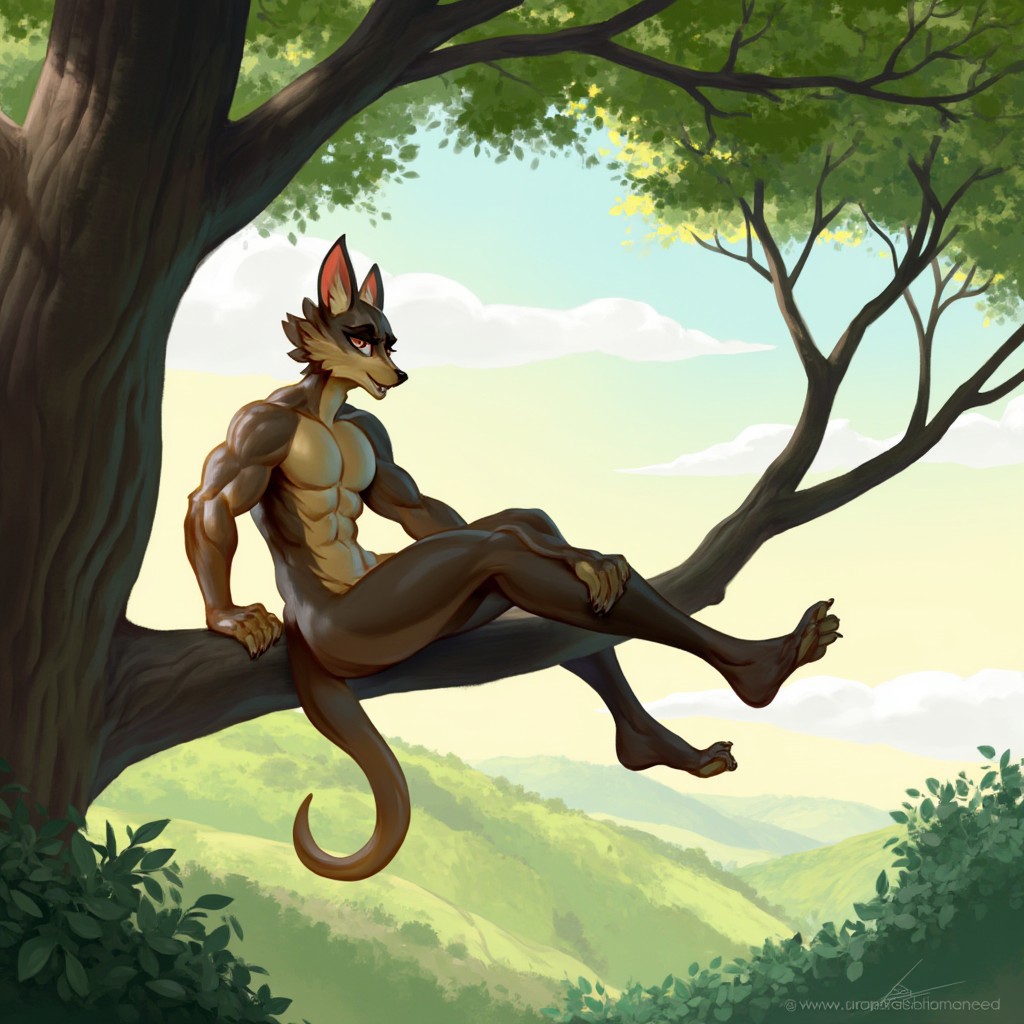 solo, male, furry, sitting on a tree branch, hand on tree, legs hanging over tree branches, looking off to the horizon, long tail, short hair