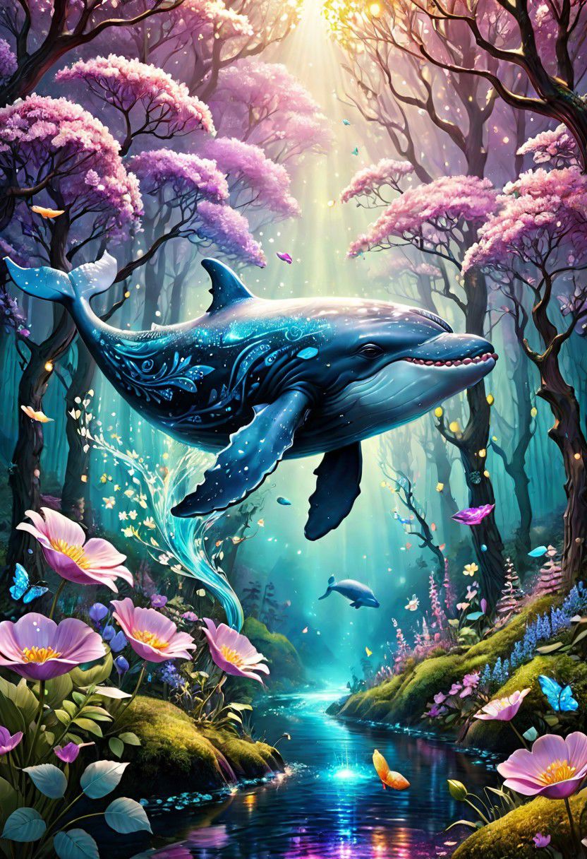 photo of a cute whale flying in the forest, luminous spring flowers, fantasy style, hyper realistic, photorealistic, ultra realistic, neon color, glitters, sparkles, dreamy