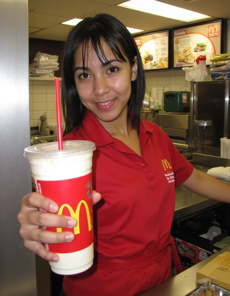realistic scene of a mcdonalds employee, young women in her 20s, black hair, freckles, serving a drink to the viewer, mcdonalds background kitchen and menu, 
 <lora:amateurphoto-6version:1> Amateur photography of               , on flickr in 2007, 2005 blog, 2007 blog ,