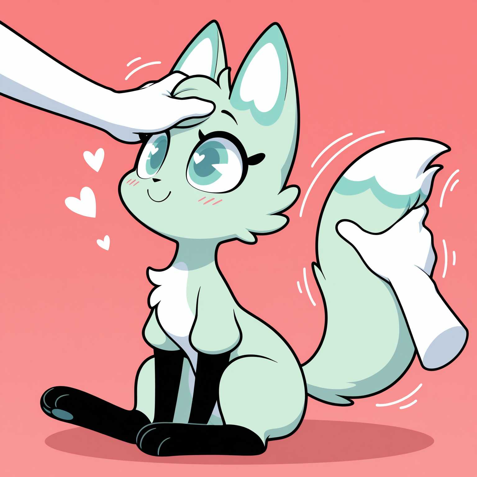 <lora:Slushi-Illustrious:0.8> slushi, female, solo, sitting, hearts, smile, disembodied hand, petting, happy, wagging tail, masterpiece, best quality, amazing quality