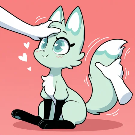 <lora:Slushi-Illustrious:0.8> slushi, female, solo, sitting, hearts, smile, disembodied hand, petting, happy, wagging tail, masterpiece, best quality, amazing quality