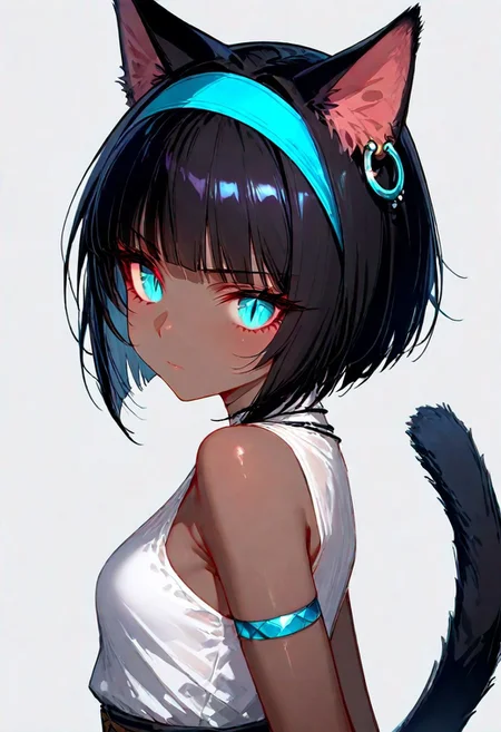 masterpiece,best quality,1girl,solo,tail,animal ears,cat ears,cat tail,simple background,dark-skinned female,black hair,cat girl,jewelry,looking at viewer,earrings,short hair,dark skin,slit pupils,closed mouth,grey background,hairband,shirt,bare shoulders,sketch,white shirt,blue eyes,white dress,upper body,bob cut,tail raised,sleeveless,armlet,white background,piercing,aqua eyes,<lora:mochi:0.7>,mochi,<lora:dilanshengxue-waiNSFWIllustriousv12-v1.5:0.3>,dilanshengxue,cinematic lighting,