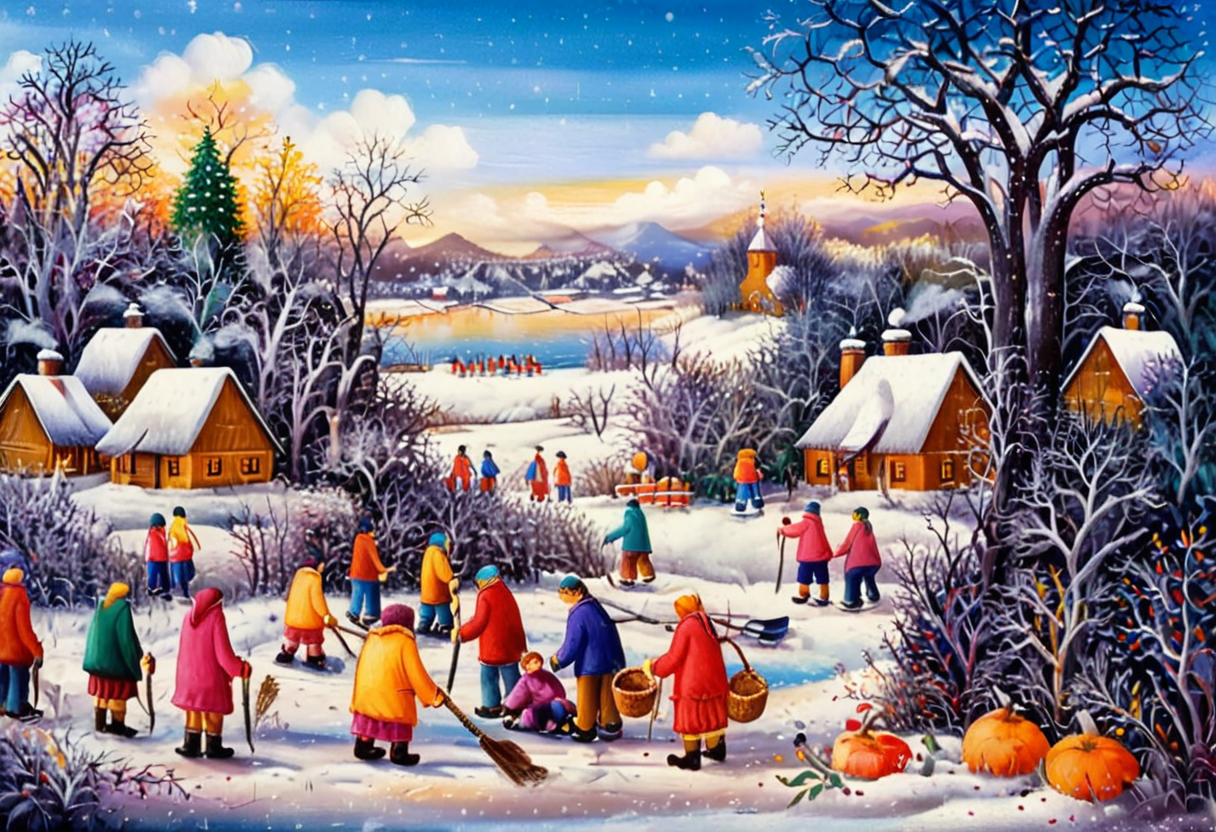 dr4g4n, style of dr4g4n,A charming naïve art painting depicting several children playing hockey on a frozen river in a quaint rural village. The children, dressed in colorful winter clothing with scarves, hats, and mittens, are joyfully skating and competing with wooden hockey sticks. The frozen river winds through the village, surrounded by small, snow-covered houses with smoking chimneys, and tall trees dusted with snow. The scene is rendered in bold, vibrant colors with simple shapes and exaggerated proportions, creating a playful and nostalgic atmosphere. The sky is a bright winter blue with soft clouds, and the overall composition radiates warmth and innocence, capturing the joy of childhood in a picturesque winter setting.<lora:dr4g4n:1>,<lora:SDXLFaeTastic2400:0.4> <lora:extremely_detailed:0.4> extremely detailed, Masterpiece,best quality,hi res,8k,hi res,8k,award winning,(sharp focus, intricate, highly detailed),