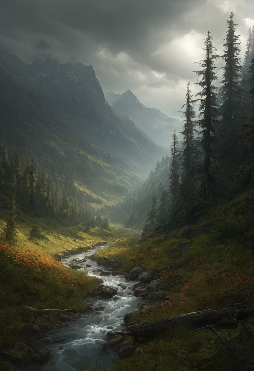 <lora:TheWeirdies_epoch_10:0.78>  
score_9, score_8_up, score_7_up, score_6_up
A giant valley, bad weather, gloomy, grey sky, sunrays through the clouds, dead grass, mountains
((Valley, sunrays, forest on the edge, dark woods surround, , mountains, river, grey, gloomy, cloudy))
<lora:add-detail-xl:1>