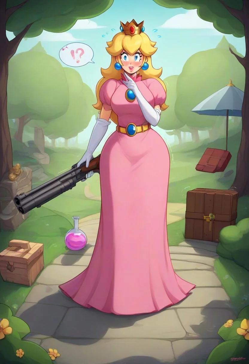 score_9,score_8_up,score_7_up,score_6_up,score_5_up,1girl, (princess_peach),mario_(series),(blonde_hair),blue_eyes,thick lips,glowing eyes,(wide hips),(thick thighs),curvy,happy,(blush stickers),tongue,pink dress,puffy shoulders,flower accesories, gold crown,gold belt,(long hair),(hand sign),white gloves,hair acccessories,holding wooden hammer,Jed-StickyN,belt,bullet belt,potion bottles,(bomb:1.4),lace pink dress,one-piece dress, long skirt,(gun case),CHRC4ND7,(forest),dress made of paper,(jewelry made of candies),(weapons made of paper),thick lips, wooden hut in the background,armory near forest,stone path, (motion lines:1.4),(trembling lines:1.4),(steamy breath),(flying sweatdrops:1.4),(clouds,stone bridge,statues made of paper), deep background,bracalet,gold necklace,mole,(??:1.4),origami, masterpiece,best quality,newest,absurdres,best shadow,light particles,4k,highly detailed background,amazing quality,very detailed clothes,highly detailed skin,wooden fence,umbrella, emphasis lines,very aesthetic,dynamic angle,high quality,gun, best shadows,spoken star,elbow gloves,<lora:add-detail-xl:2>