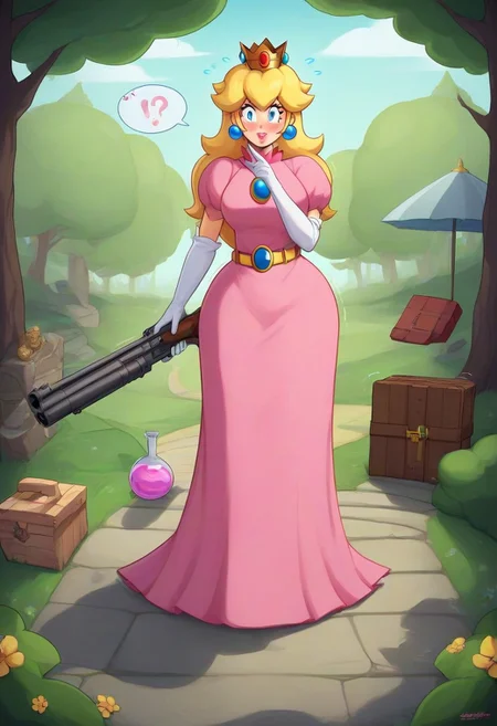 score_9,score_8_up,score_7_up,score_6_up,score_5_up,1girl, (princess_peach),mario_(series),(blonde_hair),blue_eyes,thick lips,glowing eyes,(wide hips),(thick thighs),curvy,happy,(blush stickers),tongue,pink dress,puffy shoulders,flower accesories, gold crown,gold belt,(long hair),(hand sign),white gloves,hair acccessories,holding wooden hammer,Jed-StickyN,belt,bullet belt,potion bottles,(bomb:1.4),lace pink dress,one-piece dress, long skirt,(gun case),CHRC4ND7,(forest),dress made of paper,(jewelry made of candies),(weapons made of paper),thick lips, wooden hut in the background,armory near forest,stone path, (motion lines:1.4),(trembling lines:1.4),(steamy breath),(flying sweatdrops:1.4),(clouds,stone bridge,statues made of paper), deep background,bracalet,gold necklace,mole,(??:1.4),origami, masterpiece,best quality,newest,absurdres,best shadow,light particles,4k,highly detailed background,amazing quality,very detailed clothes,highly detailed skin,wooden fence,umbrella, emphasis lines,very aesthetic,dynamic angle,high quality,gun, best shadows,spoken star,elbow gloves,<lora:add-detail-xl:2>