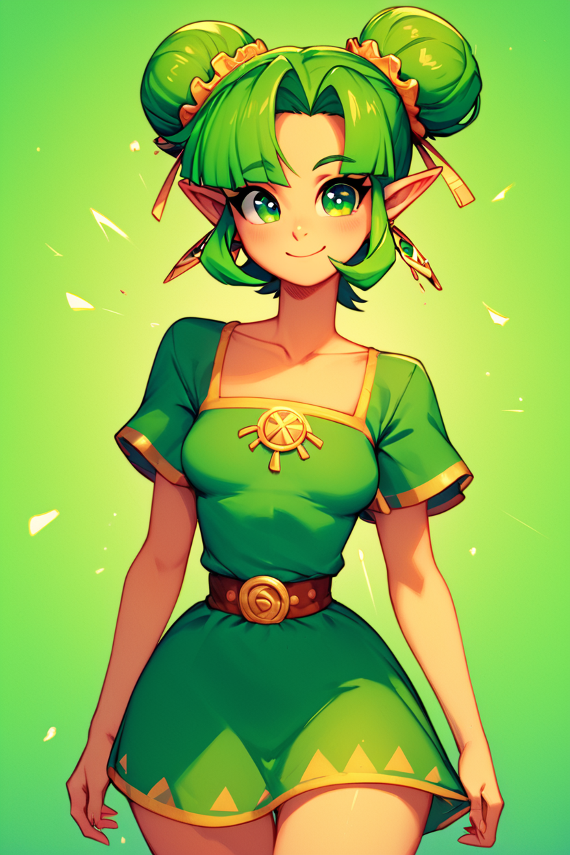 score_9, score_8_up, score_8, medium breasts, (curvy), cute, eyelashes,       BREAK, , zzFarore, green eyes, green hair, double bun, pointy ears,  bangs, green dress, collarbone, short sleeves  <lora:Farore_Zelda_PDXL:0.5>, , BREAK, wide hips, smile, looking at viewer, cowboy shot, embedding:zPDXL, Expressiveh, <lora:SweetCAT_PDXL:1.0>,  <lora:SDXLFaeTastic2400:0.5>,  <lora:Expressive_H-000001:0.4>,