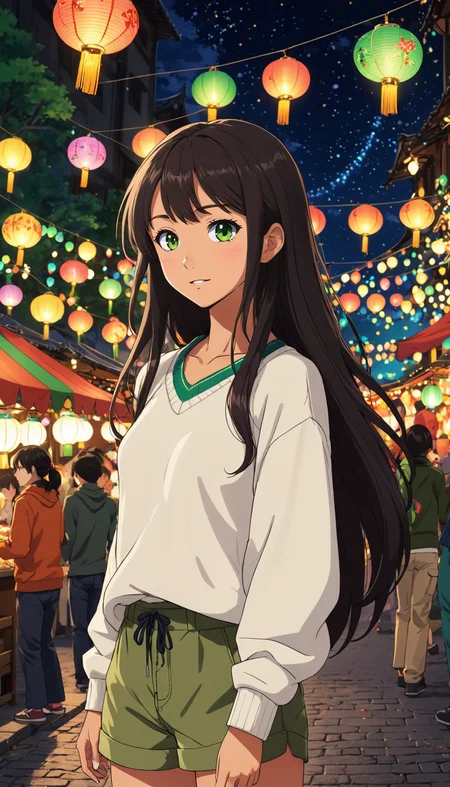 2D anime style, anime screencap, a young woman with long dark hair and tanned skin, wearing a white sweater and green cargo pants, standing at a bustling town square during a lively festival at night. She is enjoying a street food vendor's offerings, with colorful lanterns and decorations illuminating the scene. The background features various stalls, people mingling, and a backdrop of historic buildings adorned with festive lights. High detail and complexity, vibrant colors, dynamic lighting, immersive atmosphere