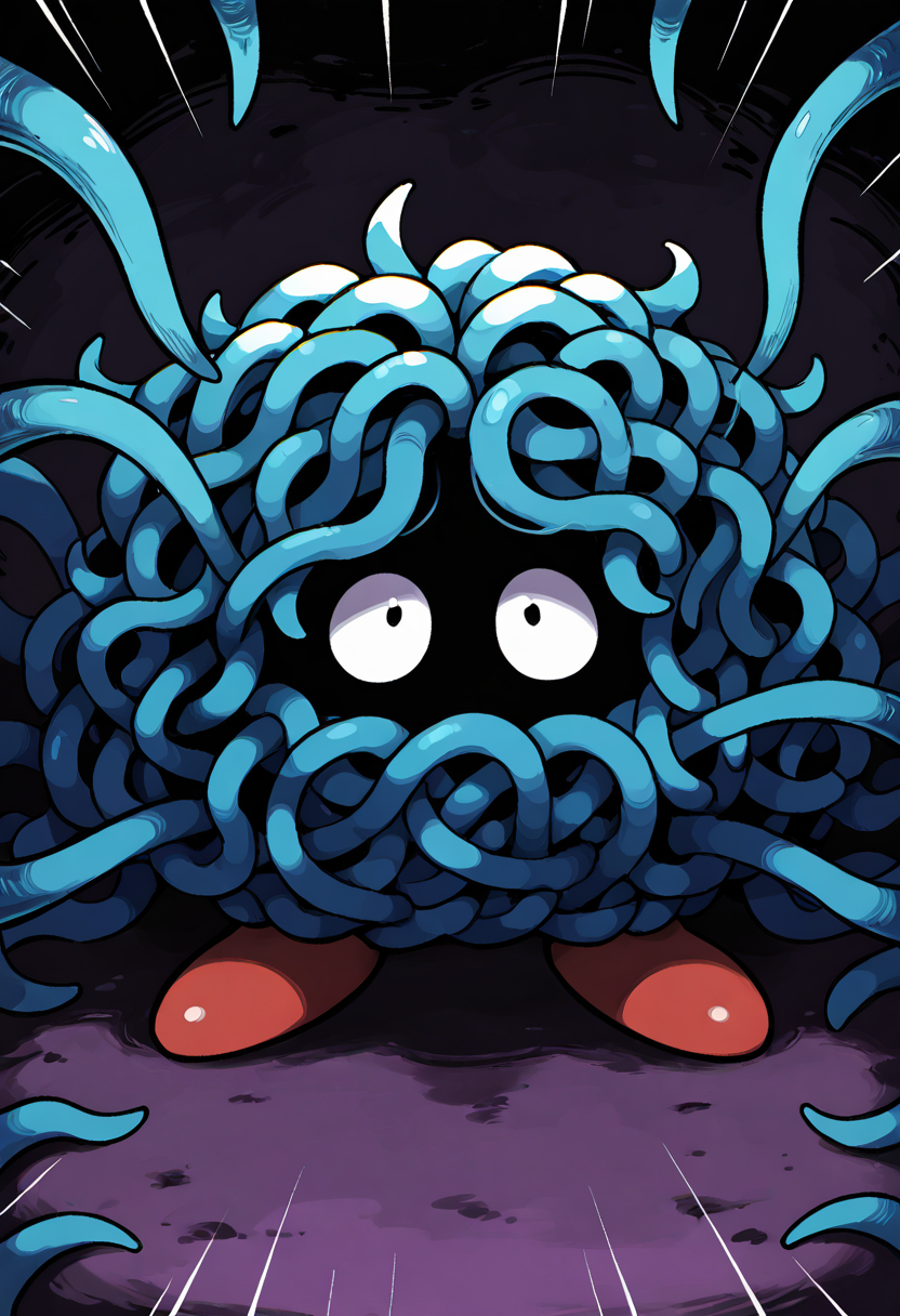 masterpiece, best quality, no humans,   ,<lora:TangelaPokedex_IXL:1.0>,  zzTangela, depicted in a bold graphic style, with high contrast between the vivid blue of its vines and the dark shadows beneath them, hatching (texture) used to give depth and texture to its mass of tendrils, clean lines and dramatic shading to bring out its unique form