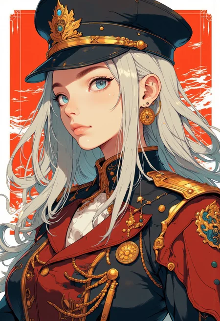 A highly detailed anime-style portrait of a military officer woman with long ash hair, Komisar's cap, wearing a decorated black and red uniform with medals, badges, and golden accents. Her expression is serious and commanding, and the background is a simple red and white design, enhancing the contrast. The illustration combines anime aesthetics with realistic lighting, shading, and texture. The color palette is warm yet subdued, emphasizing elegance and power. The composition focuses on the central character, highlighting intricate details of her uniform and hair