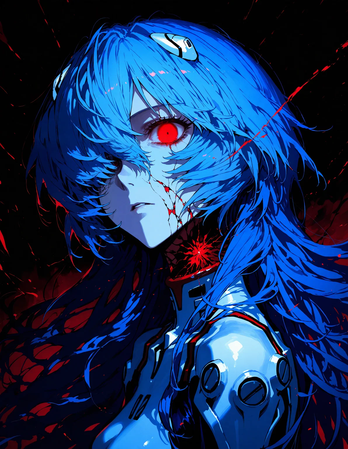 masterpiece,best quality,newest,very aesthetic,absurdres,very awa,highres,(yoneyama mai:0.4),(rella:0.3),(cutesexyrobutts:0.3),(rolua:0.4),newest,year 2024,year 2023,<lora:illustrious_noobai_epsilon_pred_1_masterpieces_v1:1>,<lora:ponyv4_noob1_2_adamW:0.7>,<lora:spo_sdxl_10ep_4k-data_lora_webui:0.8>,dark,light,1girl,ayanami rei,blue hair,long hair,red eyes,portrait,(cracked skin:1.2),((empty eye socket)),head tilt,looking at viewer,expressionless,sinister,glowing eyes,cyborg,demon girl,corruption,horror \(theme\),bad end,body horror,((monochrome)),from side,ambers,limited palette,partially colored,hair over one eye,
