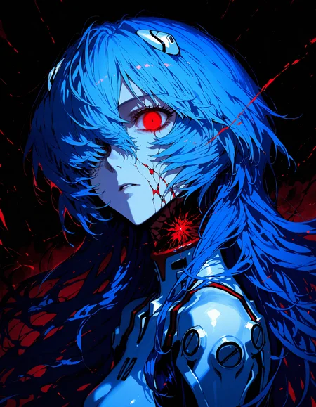 masterpiece,best quality,newest,very aesthetic,absurdres,very awa,highres,(yoneyama mai:0.4),(rella:0.3),(cutesexyrobutts:0.3),(rolua:0.4),newest,year 2024,year 2023,<lora:illustrious_noobai_epsilon_pred_1_masterpieces_v1:1>,<lora:ponyv4_noob1_2_adamW:0.7>,<lora:spo_sdxl_10ep_4k-data_lora_webui:0.8>,dark,light,1girl,ayanami rei,blue hair,long hair,red eyes,portrait,(cracked skin:1.2),((empty eye socket)),head tilt,looking at viewer,expressionless,sinister,glowing eyes,cyborg,demon girl,corruption,horror \(theme\),bad end,body horror,((monochrome)),from side,ambers,limited palette,partially colored,hair over one eye,