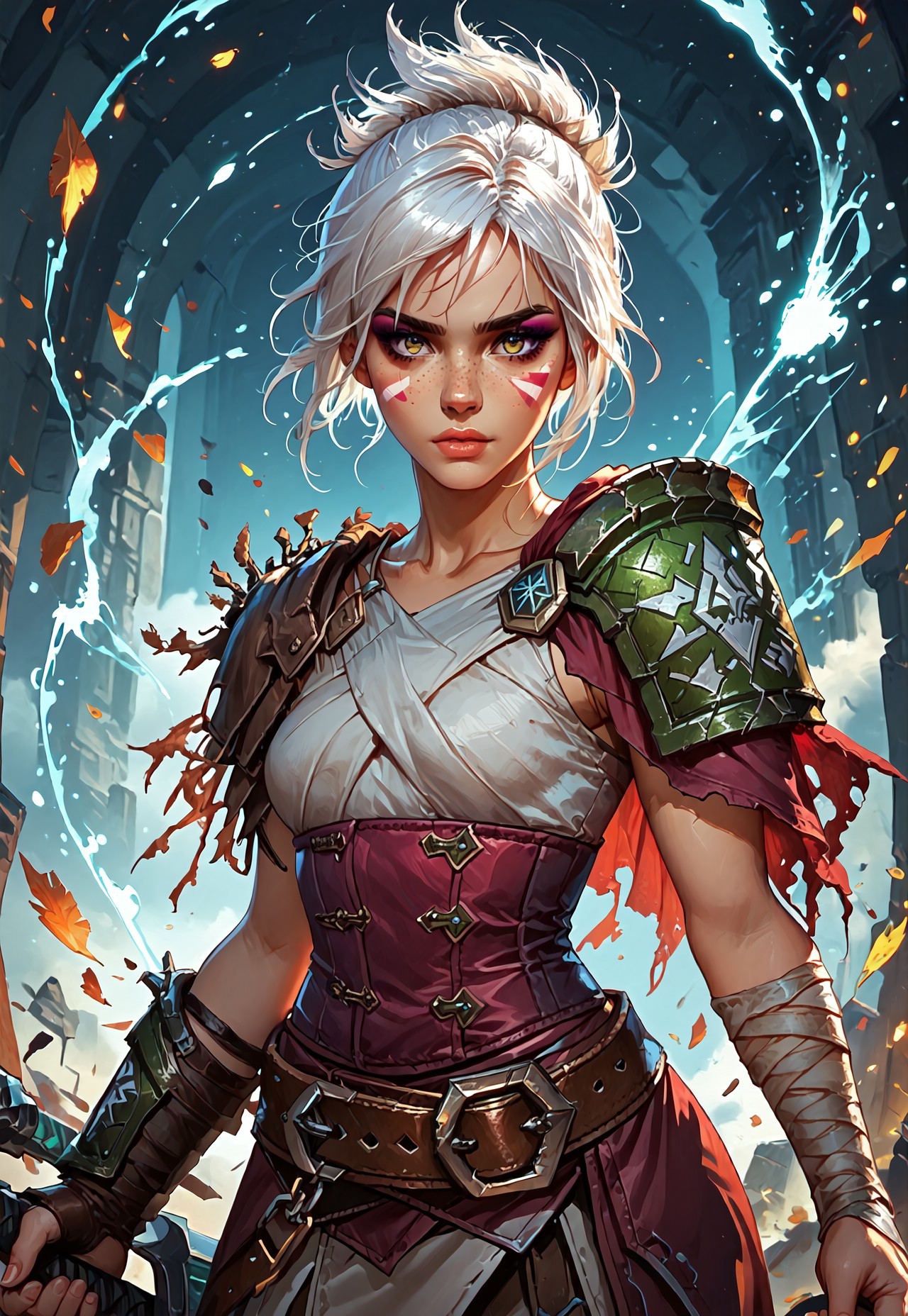 ((zPDXL3)), ((masterpiece,best quality, highly detailed)), ((score_9)), score_8_up, score_7_up, score_6_up, score_5_up, score_4_up, Digital painting style, brushstrokes, ((EnhanceImage)), solo, rvn, white hair, short hair, ponytail, rvn, short hair, ponytail, facial mark, eyeshadow, top, criss-cross halter, single pauldron, shoulder armor, single glove, bandaged arm, corset, belt, skirt, single greave, (huge weapon, sword, broken weapon, magic), Expressiveh, tanned-skin, 30yo, adult lustful confident woman, petite, slender body, perky saggy natural breasts, full lips, bangs, sidelocks, straps,
chinese magical sorceress, animated, swirling magic, wisps of magic, dancing pose, tight squeezed outfit, magical accessories, evoking motion, conveying motion, dynamic splash art, 
<lora:PainterlyFantasiaPDXL:0.6>,