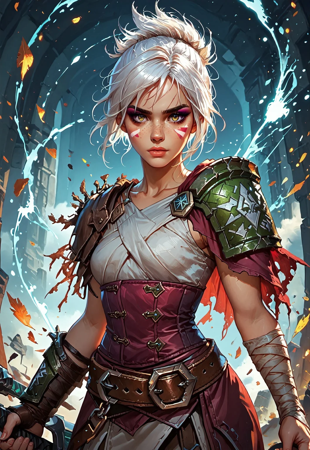 ((zPDXL3)), ((masterpiece,best quality, highly detailed)), ((score_9)), score_8_up, score_7_up, score_6_up, score_5_up, score_4_up, Digital painting style, brushstrokes, ((EnhanceImage)), solo, rvn, white hair, short hair, ponytail, rvn, short hair, ponytail, facial mark, eyeshadow, top, criss-cross halter, single pauldron, shoulder armor, single glove, bandaged arm, corset, belt, skirt, single greave, (huge weapon, sword, broken weapon, magic), Expressiveh, tanned-skin, 30yo, adult lustful confident woman, petite, slender body, perky saggy natural breasts, full lips, bangs, sidelocks, straps,
chinese magical sorceress, animated, swirling magic, wisps of magic, dancing pose, tight squeezed outfit, magical accessories, evoking motion, conveying motion, dynamic splash art,
<lora:PainterlyFantasiaPDXL:0.6>,
