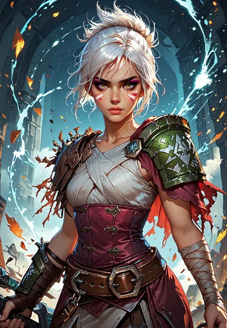 ((zPDXL3)), ((masterpiece,best quality, highly detailed)), ((score_9)), score_8_up, score_7_up, score_6_up, score_5_up, score_4_up, Digital painting style, brushstrokes, ((EnhanceImage)), solo, rvn, white hair, short hair, ponytail, rvn, short hair, ponytail, facial mark, eyeshadow, top, criss-cross halter, single pauldron, shoulder armor, single glove, bandaged arm, corset, belt, skirt, single greave, (huge weapon, sword, broken weapon, magic), Expressiveh, tanned-skin, 30yo, adult lustful confident woman, petite, slender body, perky saggy natural breasts, full lips, bangs, sidelocks, straps,
chinese magical sorceress, animated, swirling magic, wisps of magic, dancing pose, tight squeezed outfit, magical accessories, evoking motion, conveying motion, dynamic splash art,
<lora:PainterlyFantasiaPDXL:0.6>,