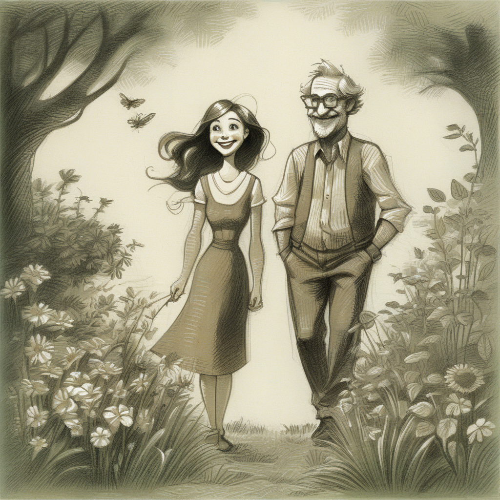 drawix5  drawing lovers, cheerful woman and man in the garden <lora:drawix5:1>