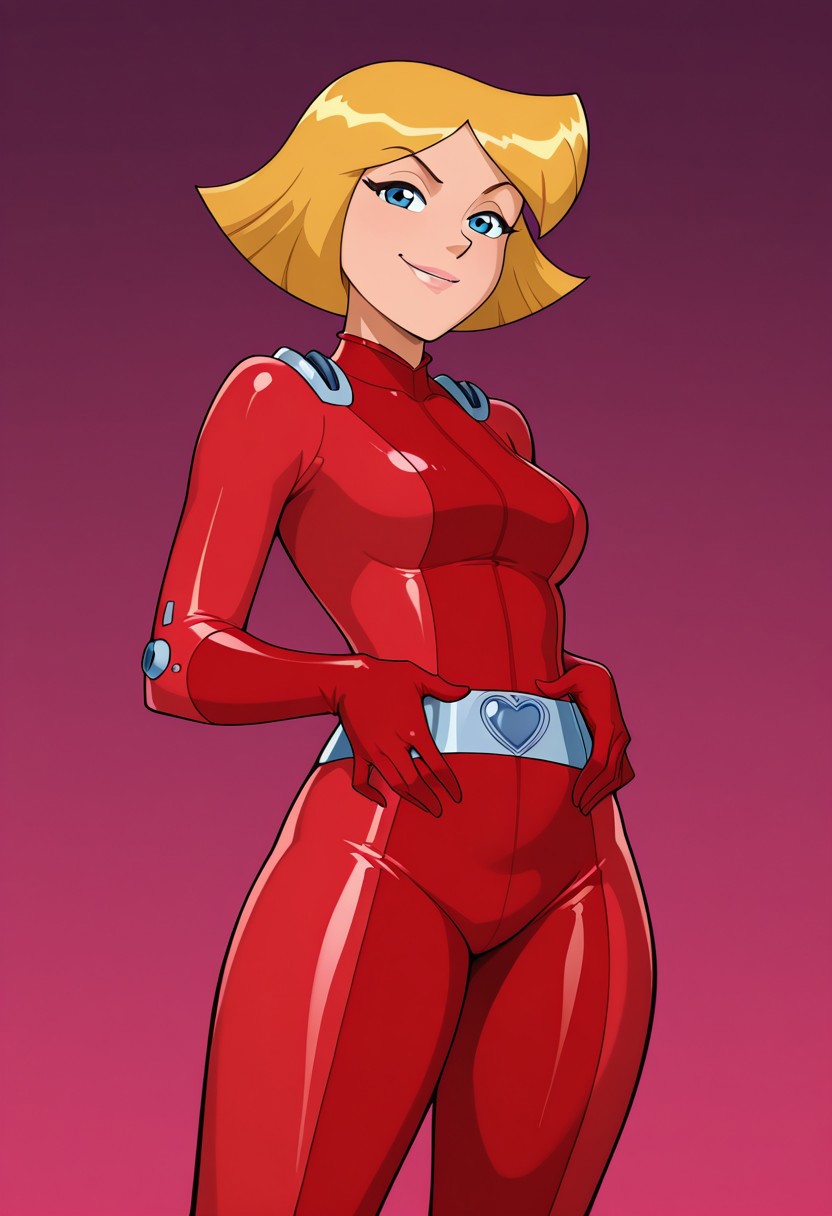 masterpiece, best quality, good quality, 1girl, solo, cartoon, parody, official style, cl0ver_totally_spies, short hair, blonde hair, blue eyes, red bodysuit, sexy, fit, medium breasts, wide hips, thick thighs, bottom heavy, beautiful, detailed, high detailed, very beautiful, detailed face, detailed eyes, detailed hand, abstract background, smile, smirk, posing, pose, hands on belly, looking at viewer, face focus, closeup