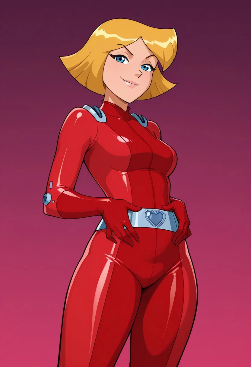 masterpiece, best quality, good quality, 1girl, solo, cartoon, parody, official style, cl0ver_totally_spies, short hair, blonde hair, blue eyes, red bodysuit, sexy, fit, medium breasts, wide hips, thick thighs, bottom heavy, beautiful, detailed, high detailed, very beautiful, detailed face, detailed eyes, detailed hand, abstract background, smile, smirk, posing, pose, hands on belly, looking at viewer, face focus, closeup