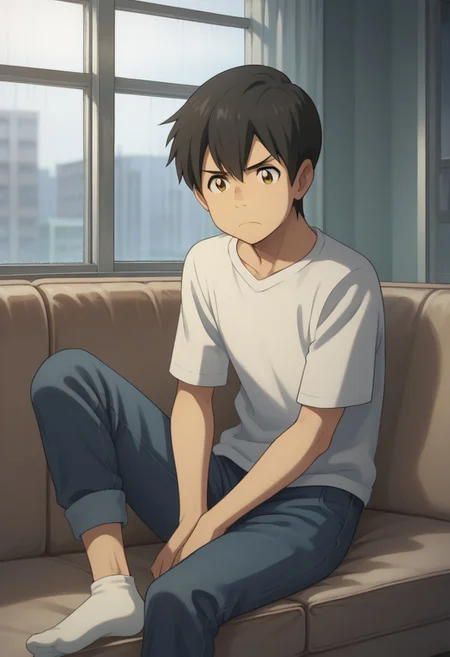score_9, score_8_up, source_anime, highly detailed,
hodaka, 1boy, male focus, solo, black hair, brown eyes, pants, t-shirt, rolled up pants, socks, frown,
indoor, couch, window, rain, lying on couch, on back,